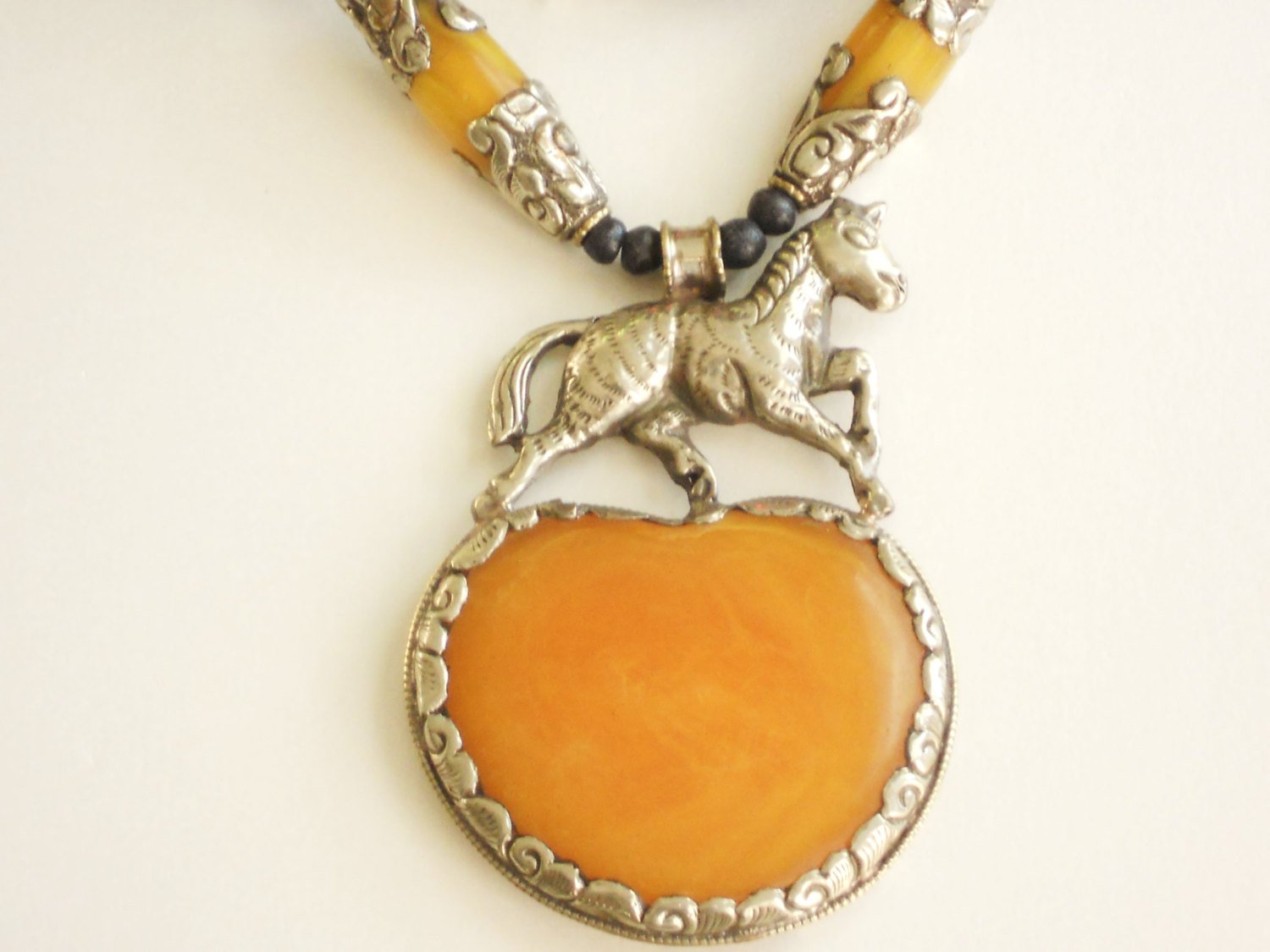 Horse Pendant Amber Resin Repousee Carved Bone Statement Necklace Divinite' Jewellry