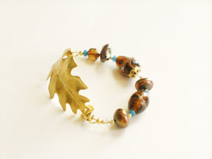 Textured Solid Brass Leaf and Purple Glass Lampwork Beads Statement Bracelet, India Arie