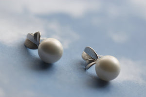 Frosty Matte White Round Shell Pearl Matte Silver Leaf Post Dainty Earrings