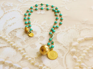 Vintage Coin & Ball Brass Charm Turquoise Enamel Magnetic Clasp Necklace The Tevin Necklace Always In My Heart