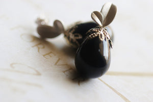 Black Teardrop Shell Pearl Matte Silver Leaf Post Filigree Leaf Cap Earrings Divinite Jewellry